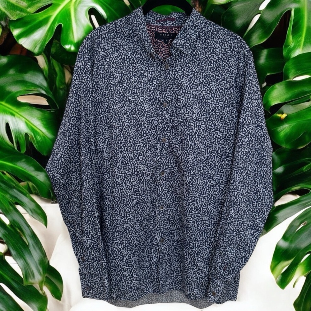 Ted‎ Baker Blue Leopard Print Long Sleeve Chic Careerwear Buttondown Size 4